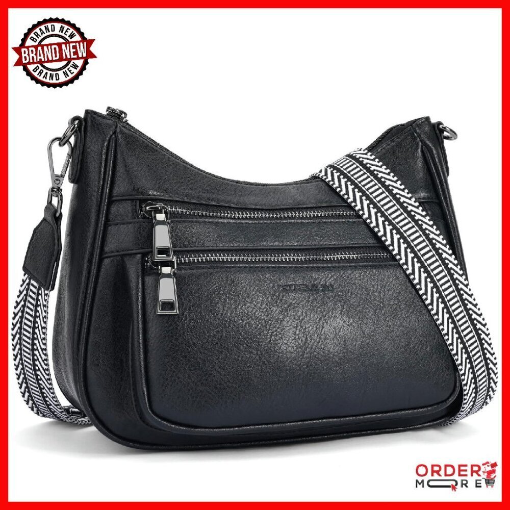Vegan Leather Crossbody Bag with Adjustable Guitar Strap Multi Pocket